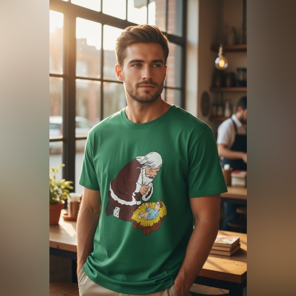 Kneeling Santa Claus With Baby Jesus Christmas Graphic T-Shirt Green XL/2XL